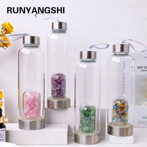 Natural Crystal Gravel Energy Healthy Water Cup Glass Water Bottle Elixir Healing Gemstone Quartz