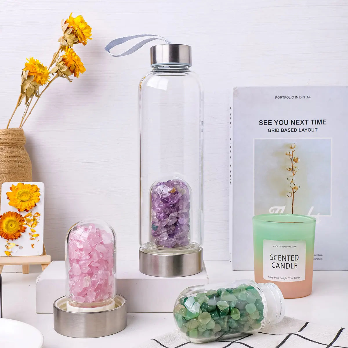 Natural Crystal Gravel Energy Healthy Water Cup Glass Water Bottle Elixir Healing Gemstone Quartz
