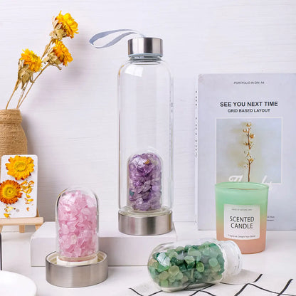 Natural Crystal Gravel Energy Healthy Water Cup Glass Water Bottle Elixir Healing Gemstone Quartz