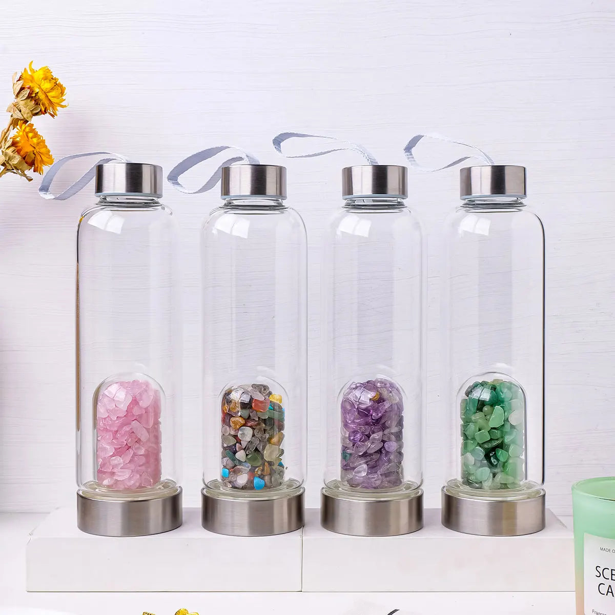 Natural Crystal Gravel Energy Healthy Water Cup Glass Water Bottle Elixir Healing Gemstone Quartz