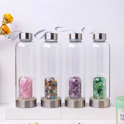 Natural Crystal Gravel Energy Healthy Water Cup Glass Water Bottle Elixir Healing Gemstone Quartz