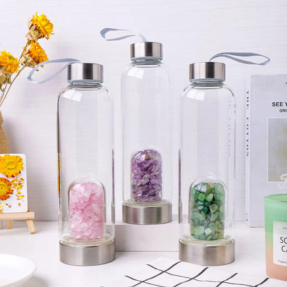 Natural Crystal Gravel Energy Healthy Water Cup Glass Water Bottle Elixir Healing Gemstone Quartz