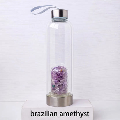 Natural Crystal Gravel Energy Healthy Water Cup Glass Water Bottle Elixir Healing Gemstone Quartz